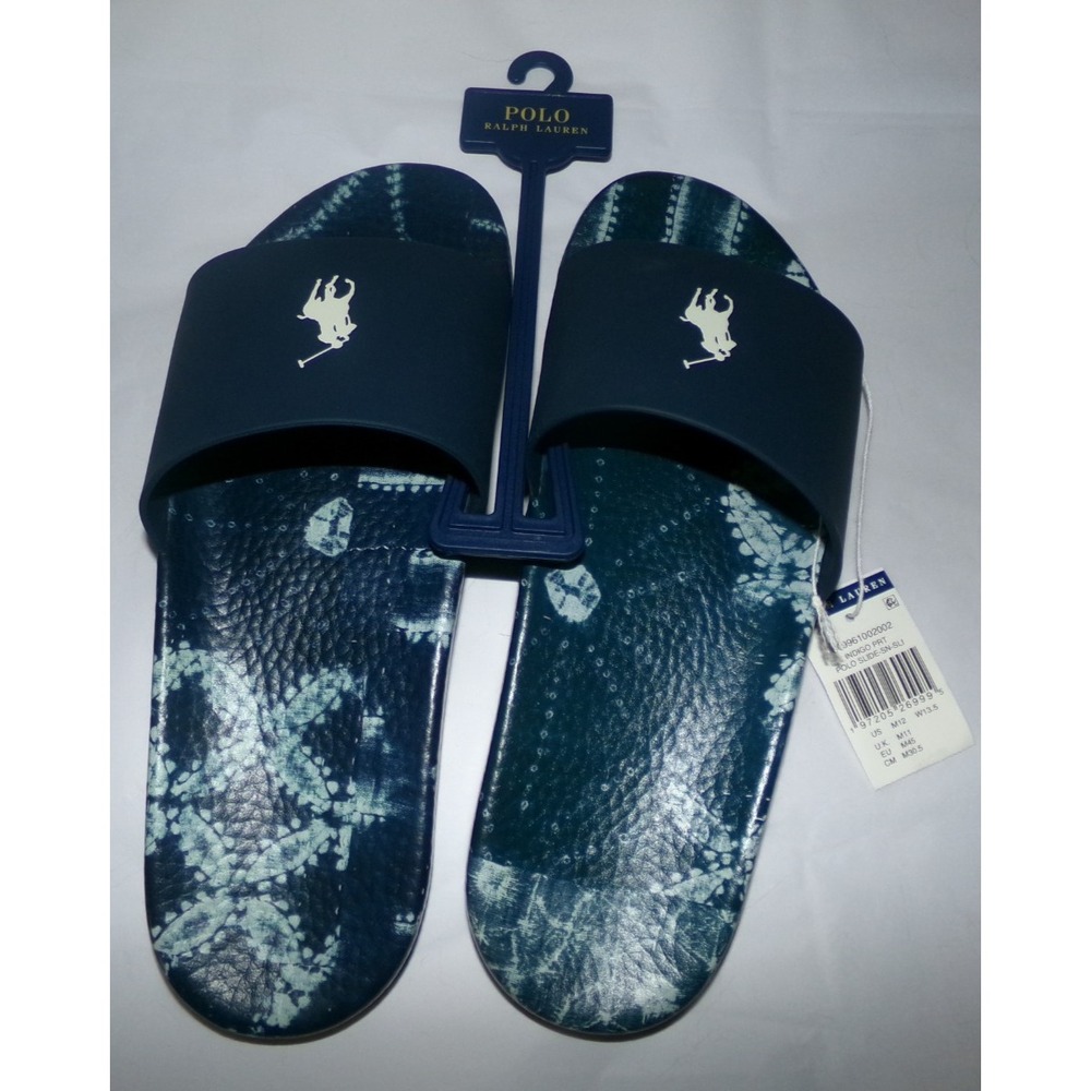 Polo Ralph Lauren Slides Mens 12 Indigo Blue Shibori Style Sandals